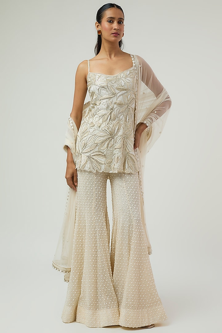 Ivory & Gold Georgette Embroidered Bridal Sharara Set by Ritika Mirchandani at Pernia's Pop Up Shop