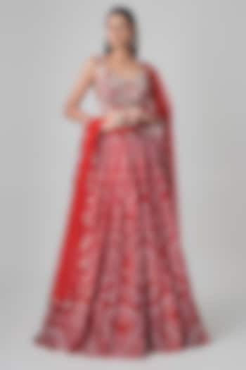 Red Georgette & Crepe Ajrakh Printed Bridal Lehenga Set by Ritika Mirchandani at Pernia's Pop Up Shop