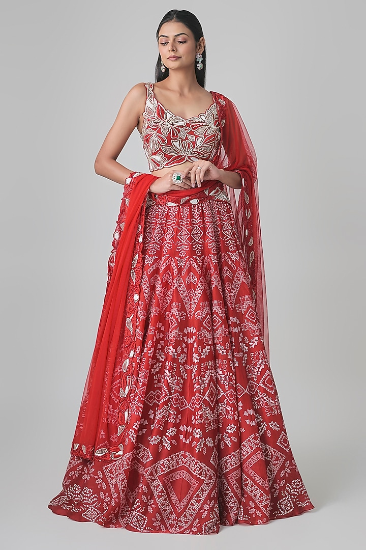 Red Georgette & Crepe Ajrakh Printed Bridal Lehenga Set by Ritika Mirchandani at Pernia's Pop Up Shop