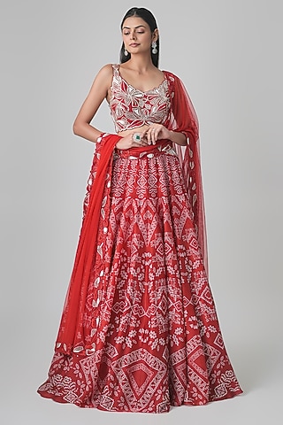 Red Georgette & Crepe Ajrakh Printed Lehenga Set by Ritika Mirchandani