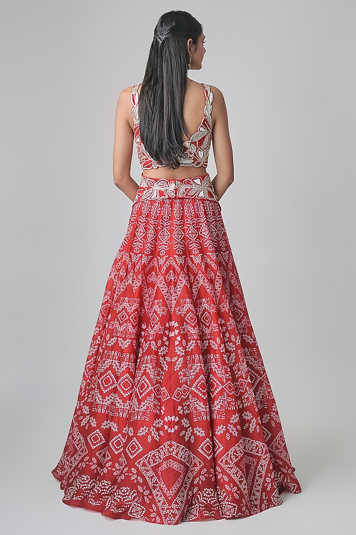 Red Georgette & Crepe Ajrakh Printed Bridal Lehenga Set by Ritika Mirchandani at Pernia's Pop Up Shop
