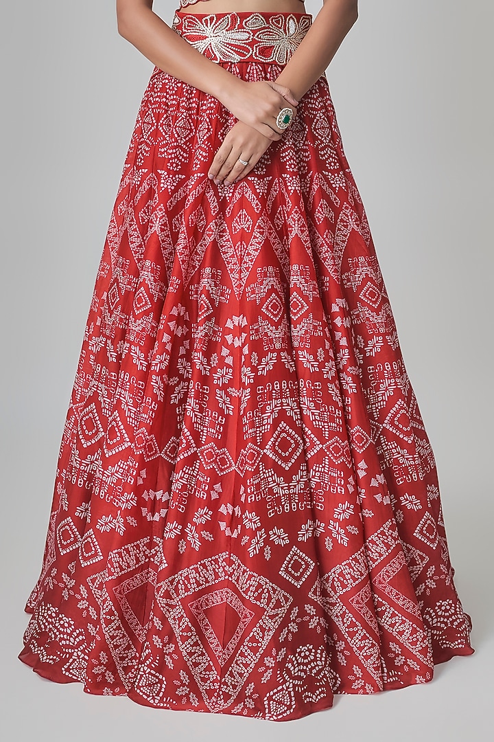 Red Georgette & Crepe Ajrakh Printed Bridal Lehenga Set by Ritika Mirchandani at Pernia's Pop Up Shop
