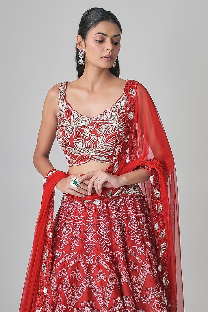 Red Georgette & Crepe Ajrakh Printed Bridal Lehenga Set by Ritika Mirchandani at Pernia's Pop Up Shop