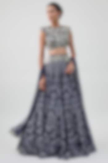 Navy Blue Organza Ajrakh Printed Bridal Lehenga Set by Ritika Mirchandani at Pernia's Pop Up Shop