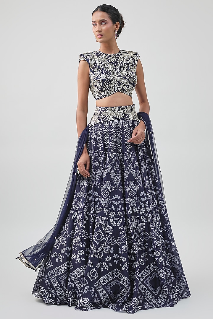 Navy Blue Organza Ajrakh Printed Bridal Lehenga Set by Ritika Mirchandani at Pernia's Pop Up Shop