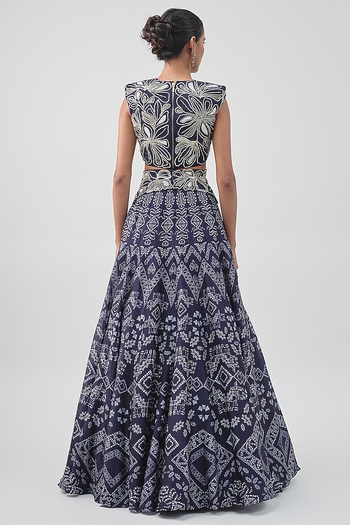 Navy Blue Organza Ajrakh Printed Bridal Lehenga Set by Ritika Mirchandani at Pernia's Pop Up Shop