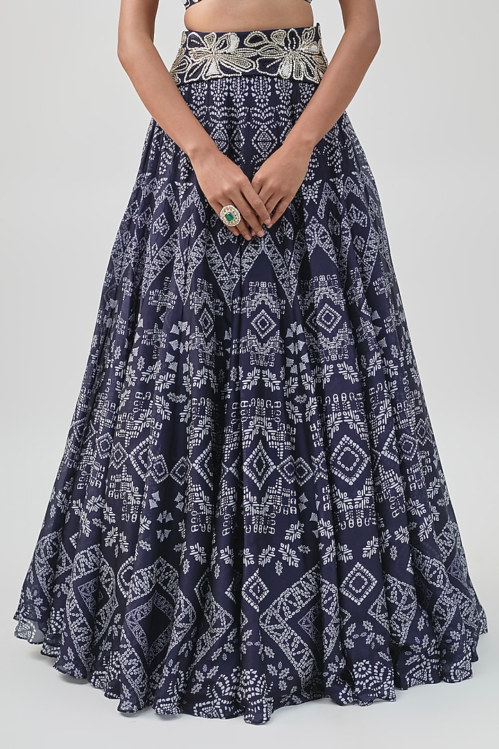 Navy Blue Organza Ajrakh Printed Bridal Lehenga Set by Ritika Mirchandani at Pernia's Pop Up Shop