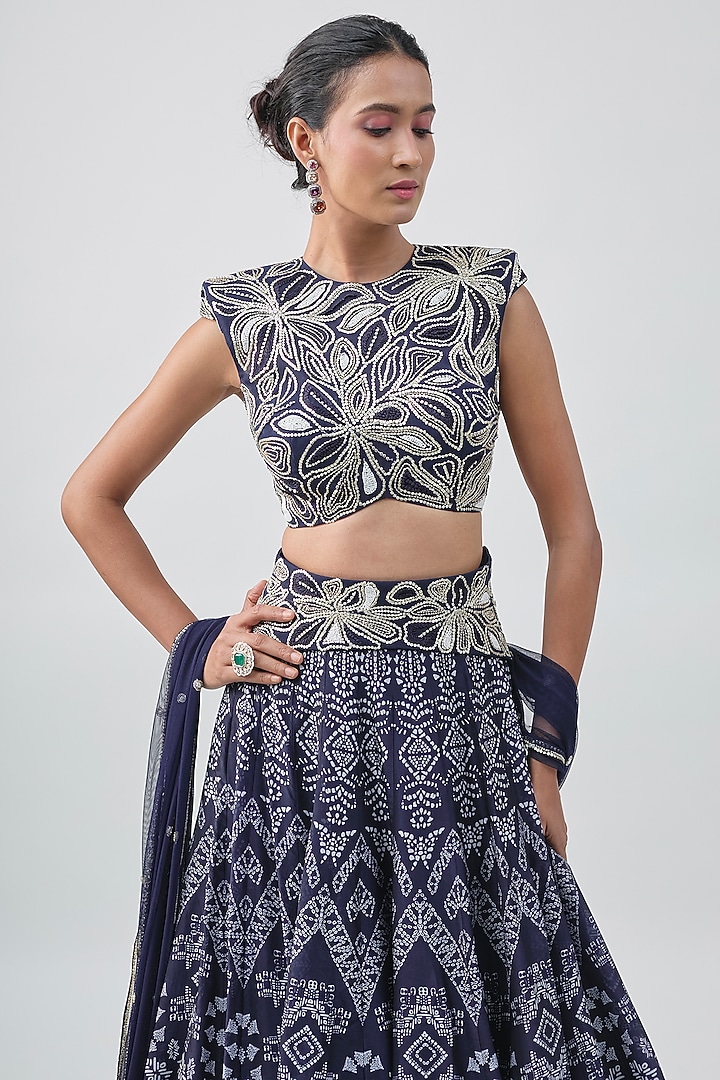 Navy Blue Organza Ajrakh Printed Bridal Lehenga Set by Ritika Mirchandani at Pernia's Pop Up Shop