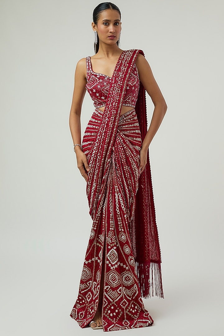 Red Double Georgette Embroidered Draped Slit Bridal Saree Set by Ritika Mirchandani at Pernia's Pop Up Shop