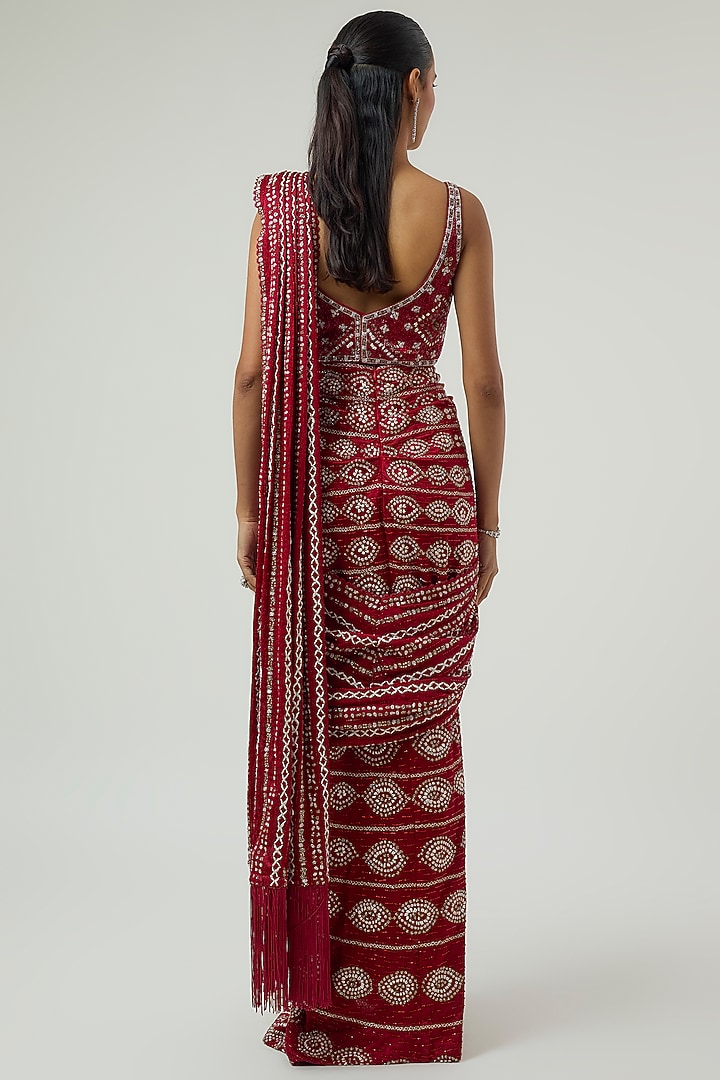 Red Double Georgette Embroidered Draped Slit Bridal Saree Set by Ritika Mirchandani at Pernia's Pop Up Shop