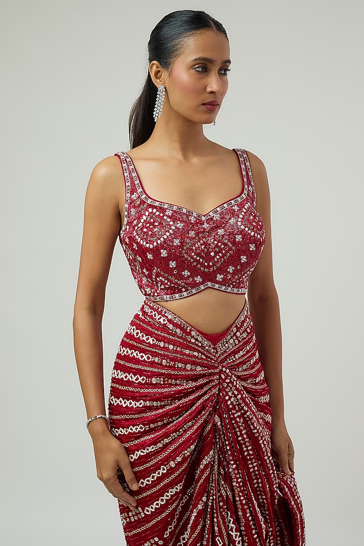 Red Double Georgette Embroidered Draped Slit Bridal Saree Set by Ritika Mirchandani at Pernia's Pop Up Shop