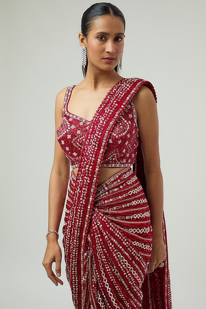Red Double Georgette Embroidered Draped Slit Bridal Saree Set by Ritika Mirchandani at Pernia's Pop Up Shop