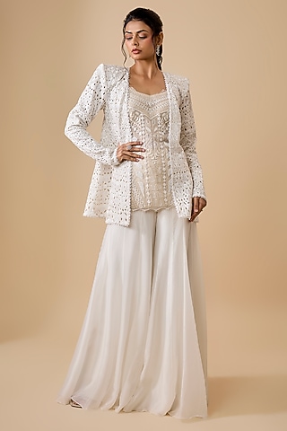 Ivory Net & Organza Sharara Set by Ritika Mirchandani