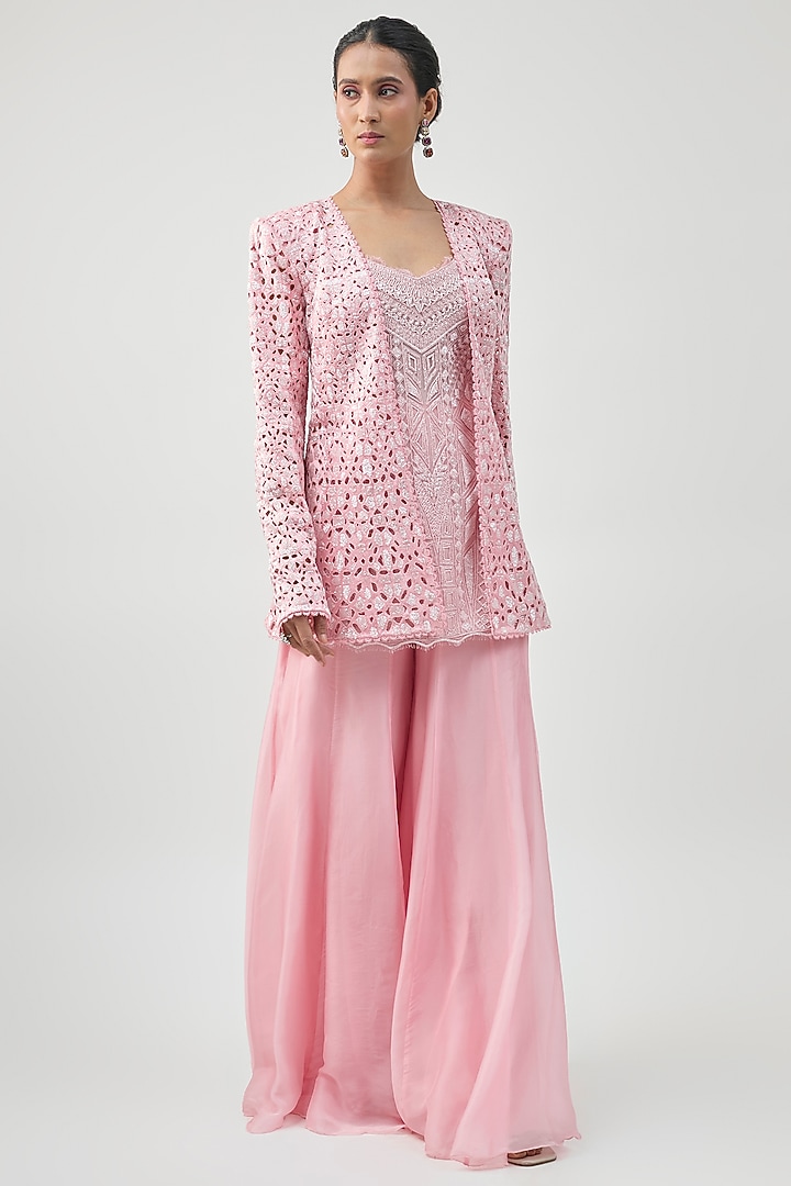 Soft Pink Georgette Bridal Sharara Set by Ritika Mirchandani at Pernia's Pop Up Shop