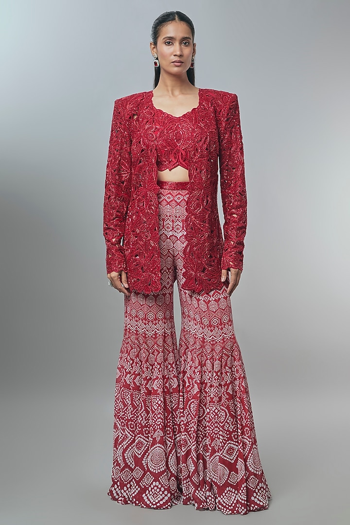Maroon Red Crepe Printed Bridal Sharara Set by Ritika Mirchandani at Pernia's Pop Up Shop