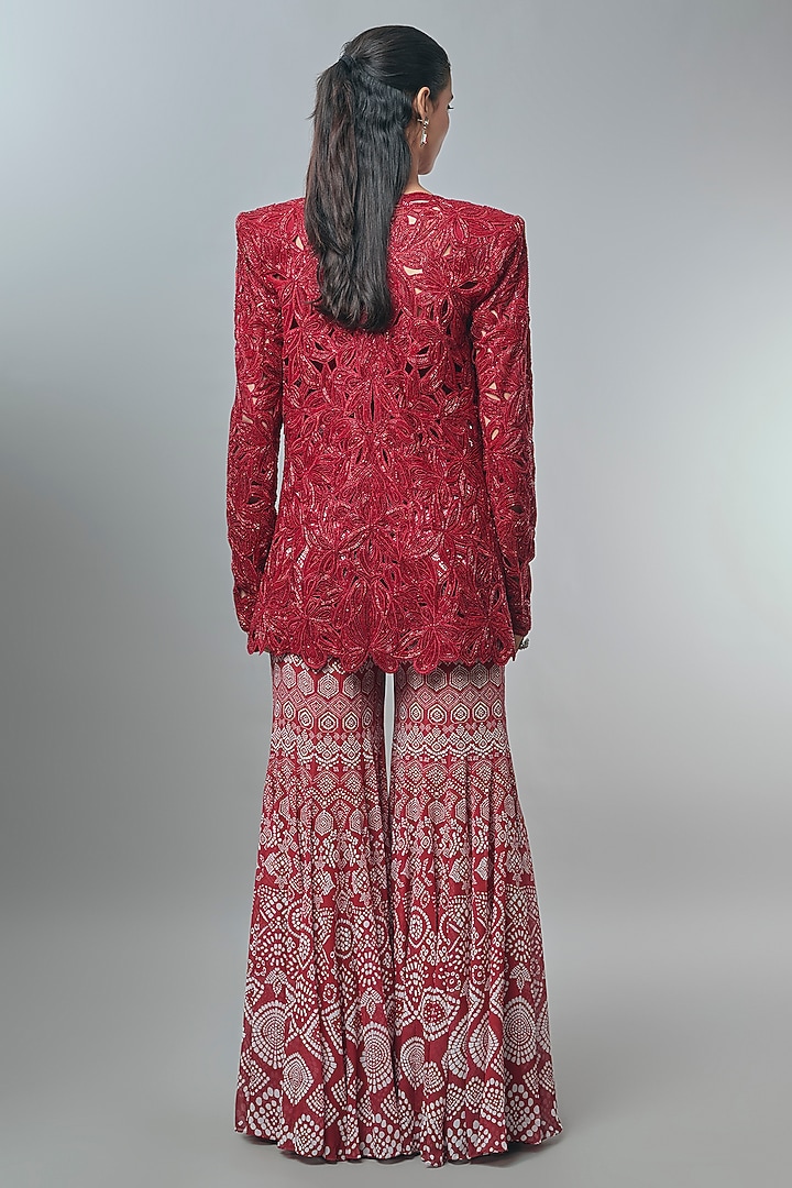 Maroon Red Crepe Printed Bridal Sharara Set by Ritika Mirchandani at Pernia's Pop Up Shop