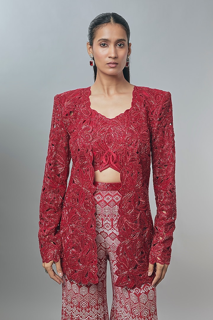 Maroon Red Crepe Printed Bridal Sharara Set by Ritika Mirchandani at Pernia's Pop Up Shop
