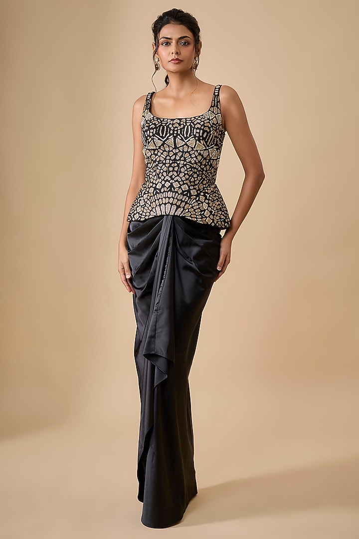 Black Satin Draped Skirt Set by Ritika Mirchandani at Pernia's Pop Up Shop
