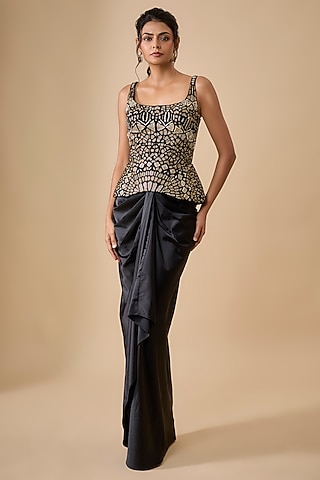 Black Satin Draped Skirt Set by Ritika Mirchandani