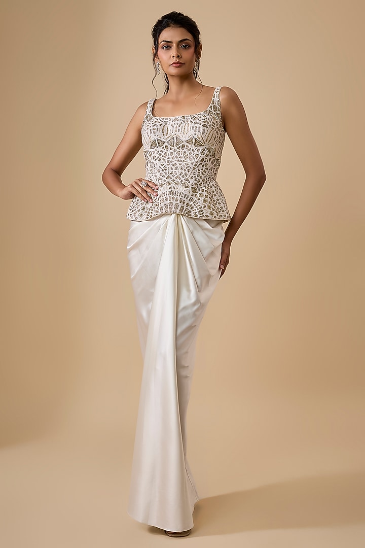 Ivory Satin Draped Skirt Set by Ritika Mirchandani at Pernia's Pop Up Shop