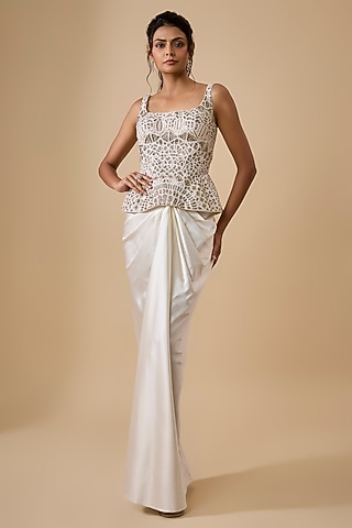 Ivory Satin Draped Skirt Set by Ritika Mirchandani