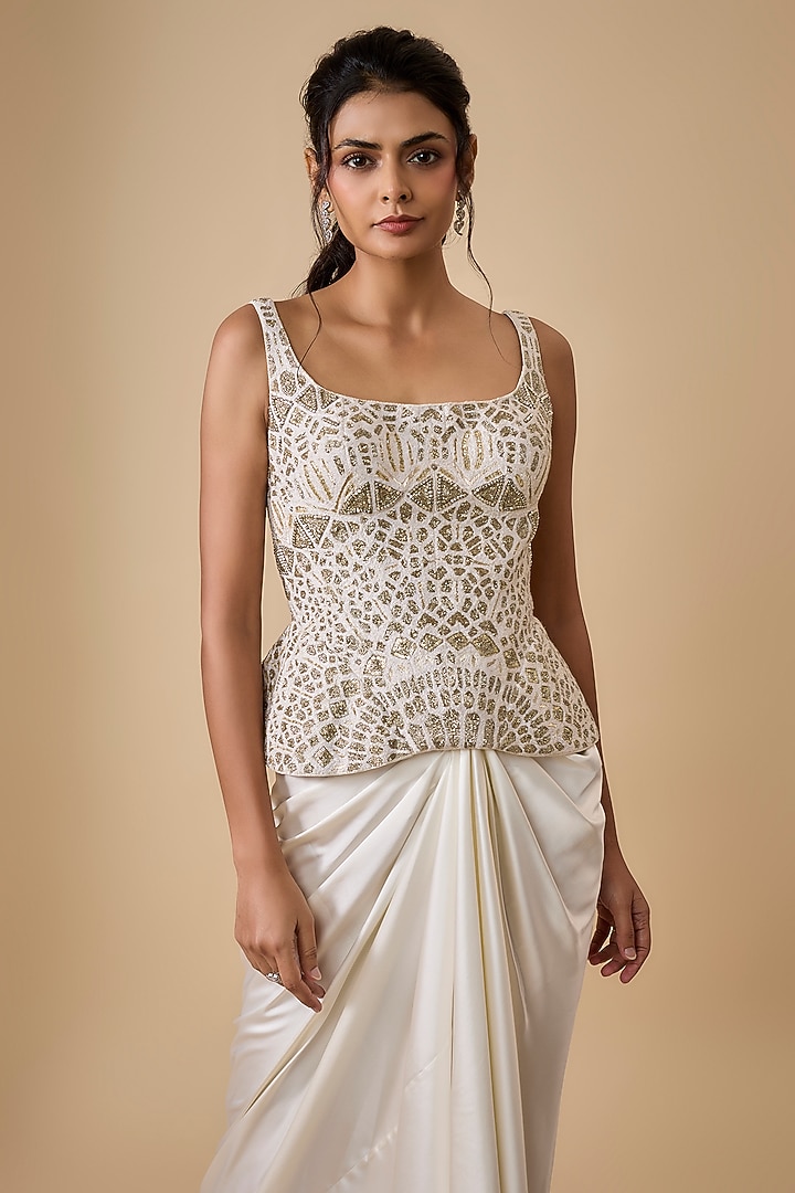 Ivory Satin Draped Skirt Set by Ritika Mirchandani at Pernia's Pop Up Shop
