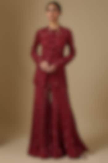 Red Net & Crepe Floral Cutwork Embroidered Bridal Sharara Set by Ritika Mirchandani at Pernia's Pop Up Shop