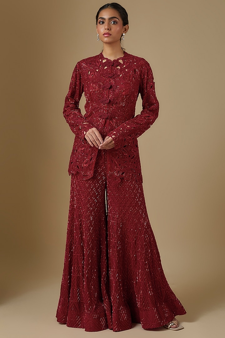 Red Net & Crepe Floral Cutwork Embroidered Bridal Sharara Set by Ritika Mirchandani at Pernia's Pop Up Shop