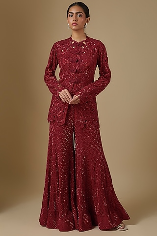Red Net & Crepe Floral Cutwork Embroidered Sharara Set by Ritika Mirchandani