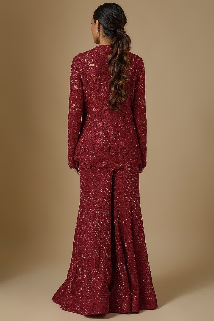 Red Net & Crepe Floral Cutwork Embroidered Bridal Sharara Set by Ritika Mirchandani at Pernia's Pop Up Shop