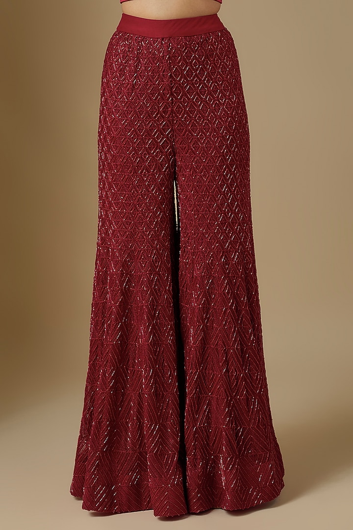 Red Net & Crepe Floral Cutwork Embroidered Bridal Sharara Set by Ritika Mirchandani at Pernia's Pop Up Shop