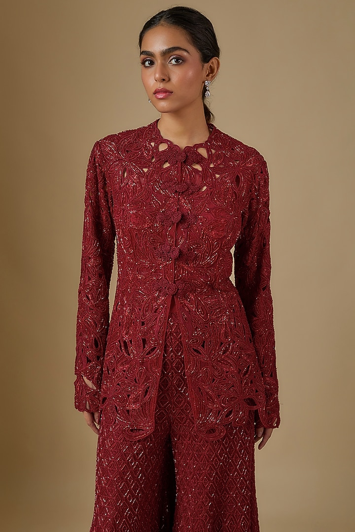 Red Net & Crepe Floral Cutwork Embroidered Bridal Sharara Set by Ritika Mirchandani at Pernia's Pop Up Shop