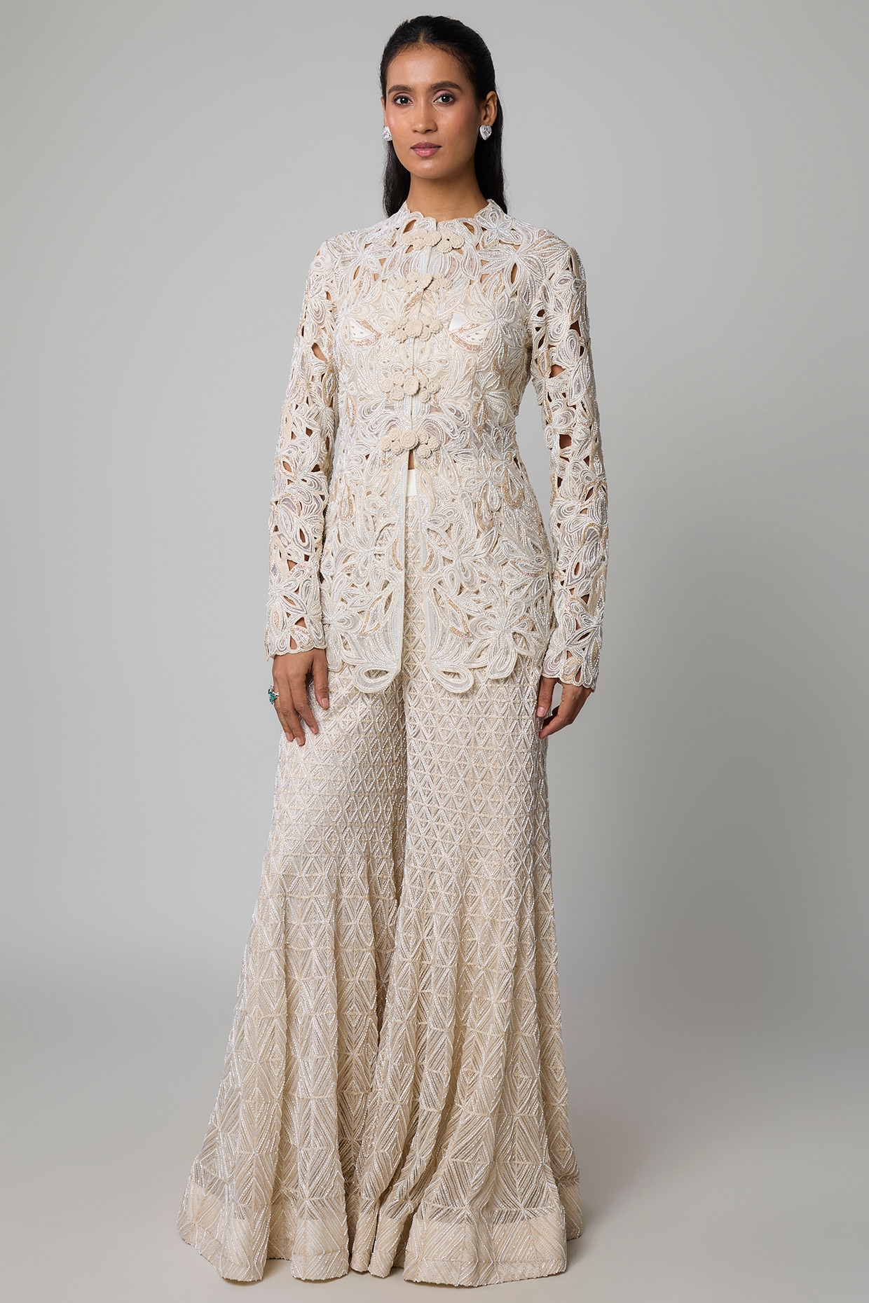 Ritika Mirchandani Ivory Double Georgette Floral Cutwork Embroidered Sharara Set