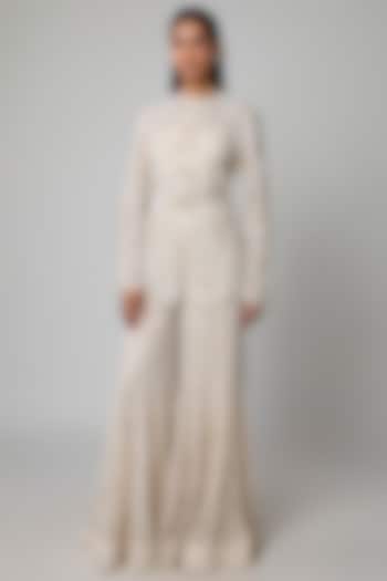 Ivory Double Georgette Floral Cutwork Embroidered Bridal Sharara Set by Ritika Mirchandani at Pernia's Pop Up Shop
