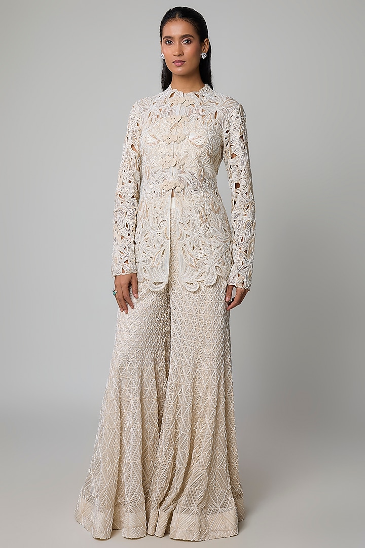 Ivory Double Georgette Floral Cutwork Embroidered Bridal Sharara Set by Ritika Mirchandani at Pernia's Pop Up Shop