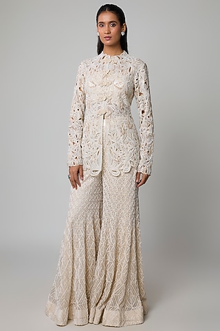 Ivory Double Georgette Floral Cutwork Embroidered Sharara Set by Ritika Mirchandani