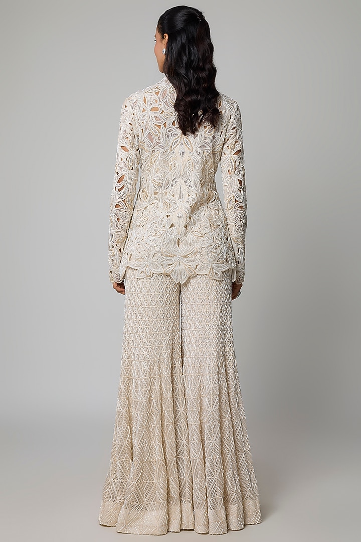 Ivory Double Georgette Floral Cutwork Embroidered Bridal Sharara Set by Ritika Mirchandani at Pernia's Pop Up Shop