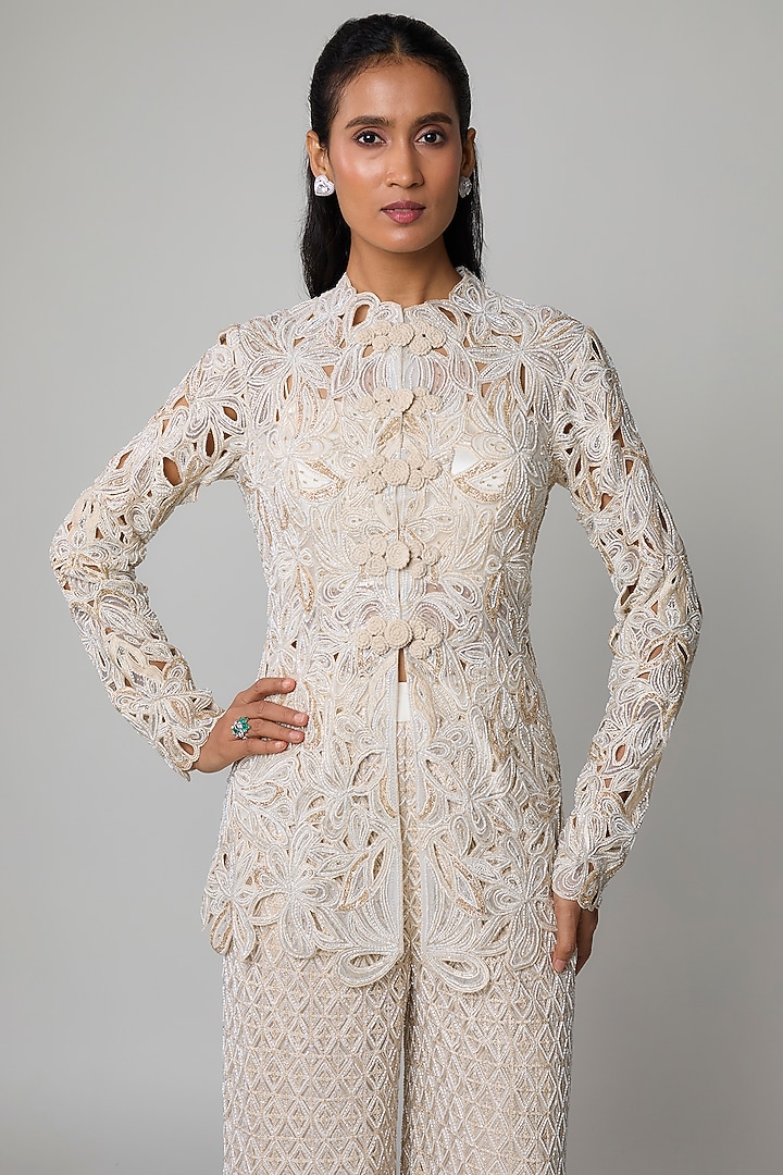 Ivory Double Georgette Floral Cutwork Embroidered Bridal Sharara Set by Ritika Mirchandani at Pernia's Pop Up Shop
