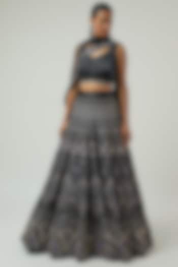 Black Georgette Ajrak Embroidered Bridal Lehenga Set by Ritika Mirchandani at Pernia's Pop Up Shop