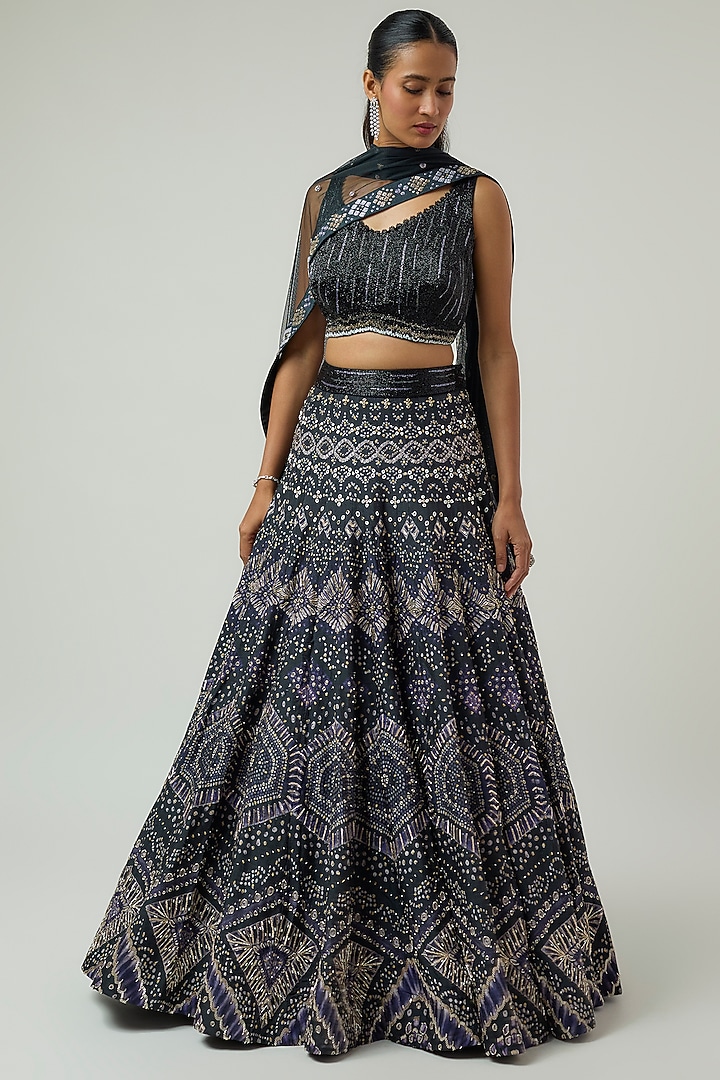 Black Georgette Ajrak Embroidered Bridal Lehenga Set by Ritika Mirchandani at Pernia's Pop Up Shop