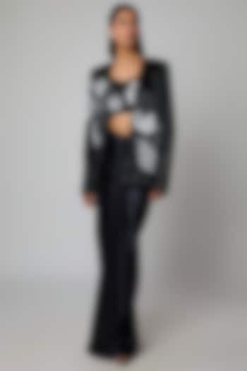 Black Net & Satin Floral Embroidered Draped Skirt Set by Ritika Mirchandani at Pernia's Pop Up Shop