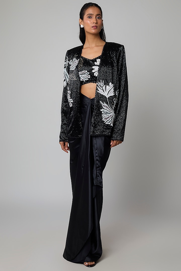 Black Net & Satin Floral Embroidered Draped Skirt Set by Ritika Mirchandani at Pernia's Pop Up Shop