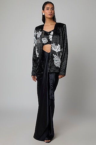 Black Net & Satin Floral Embroidered Draped Skirt Set by Ritika Mirchandani