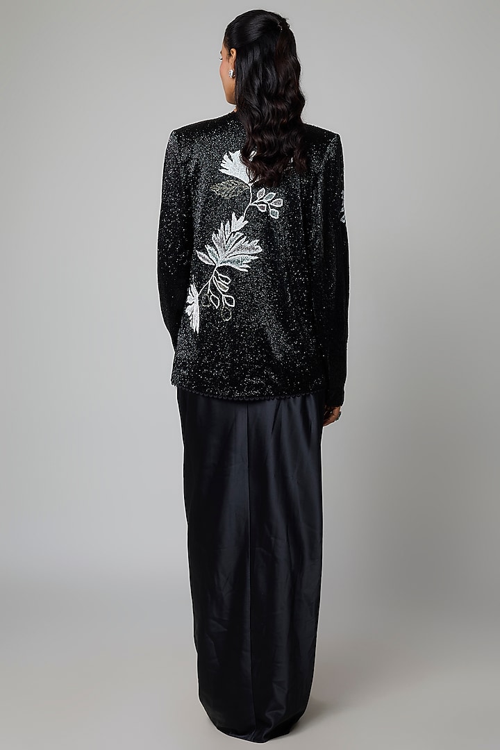 Black Net & Satin Floral Embroidered Draped Skirt Set by Ritika Mirchandani at Pernia's Pop Up Shop