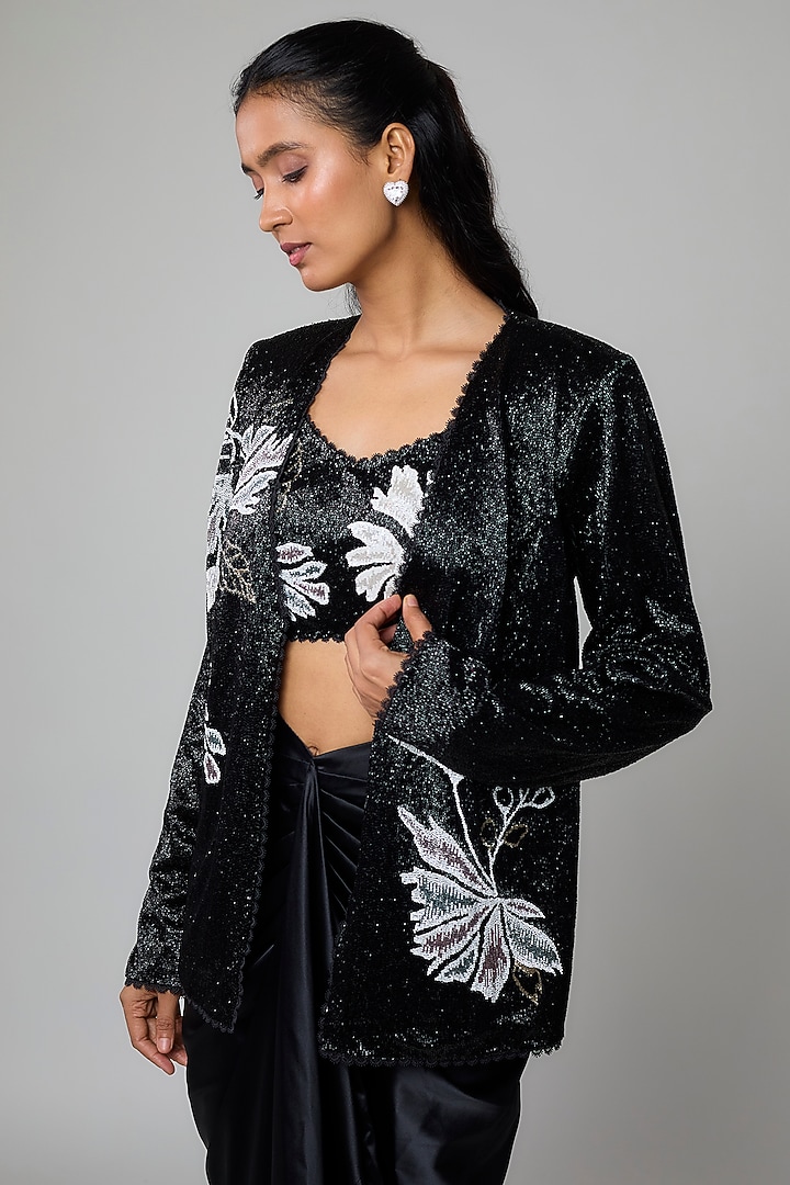 Black Net & Satin Floral Embroidered Draped Skirt Set by Ritika Mirchandani at Pernia's Pop Up Shop