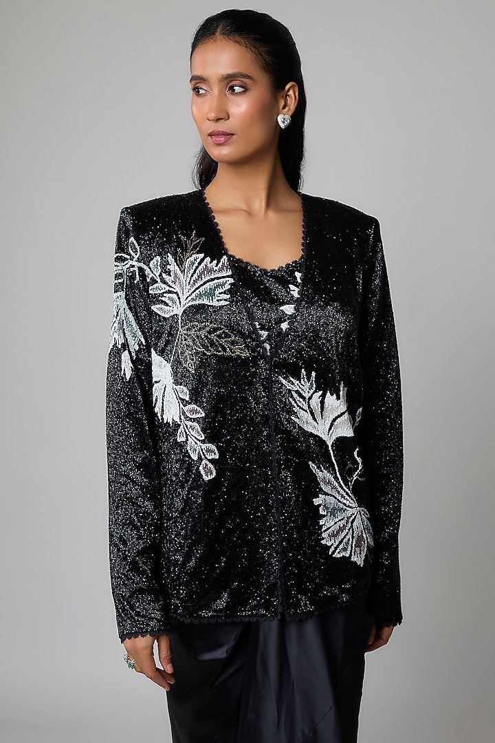 Black Net & Satin Floral Embroidered Draped Skirt Set by Ritika Mirchandani at Pernia's Pop Up Shop