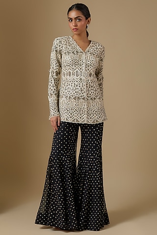 Black Crepe & Double Georgette Embroidered Sharara Set by Ritika Mirchandani