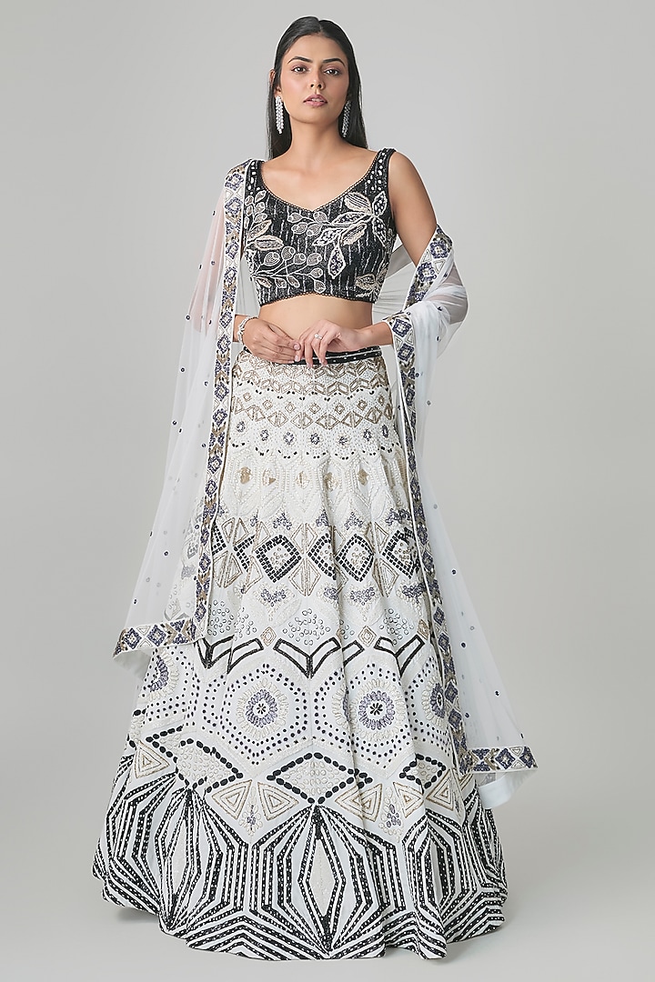 Ivory & Black Georgette Floral Embroidered Bridal Lehenga Set by Ritika Mirchandani at Pernia's Pop Up Shop