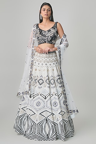 Ivory & Black Georgette Floral Embroidered Lehenga Set by Ritika Mirchandani