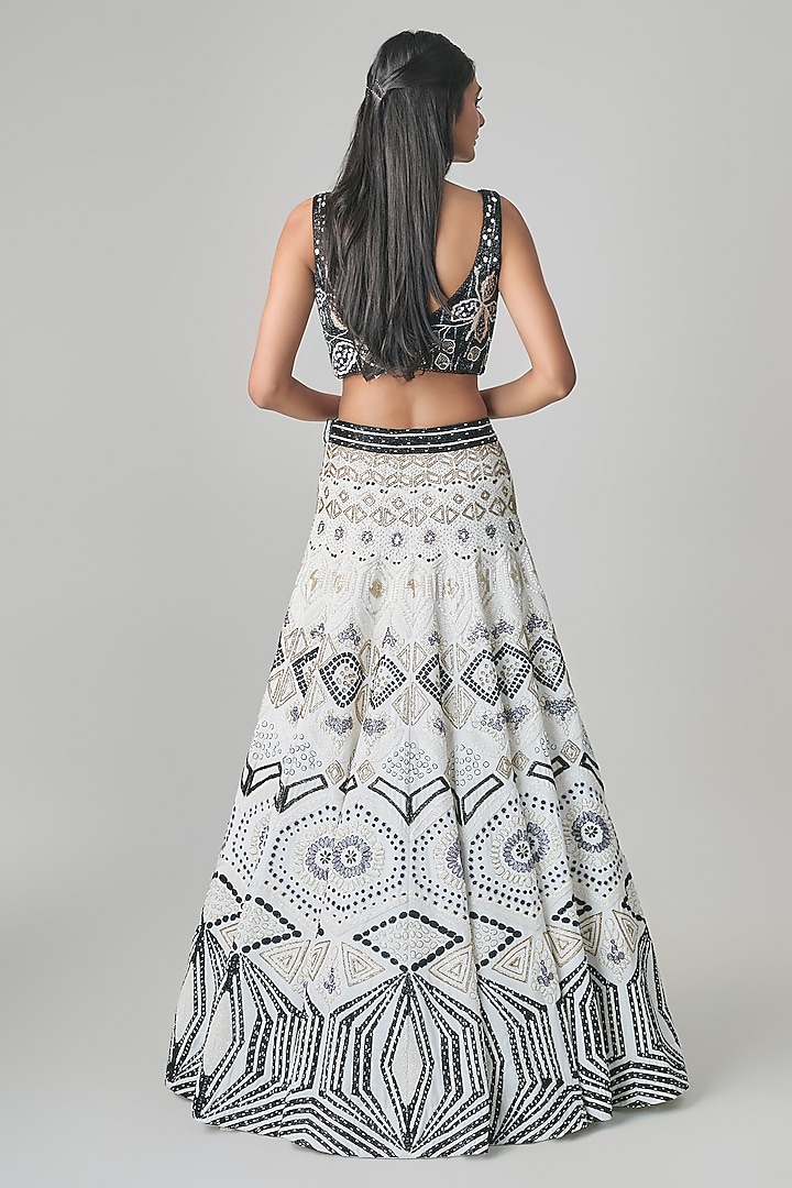 Ivory & Black Georgette Floral Embroidered Bridal Lehenga Set by Ritika Mirchandani at Pernia's Pop Up Shop